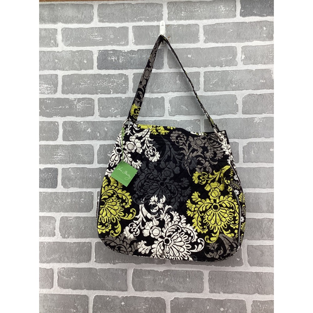 Vera Bradley Holiday Tote Baroque Quilted Floral Shoulder Bag Black Lime Green - Picture 3 of 6